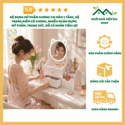Kệ Đựng Mỹ Phẩm Gương Tai Mèo 3 Tầng Kệ Trang Điểm Có Gương Nhiều Ngăn Đựng Mỹ Phẩm Trang Sức Đồ Cá Nhân Tiện Lợi