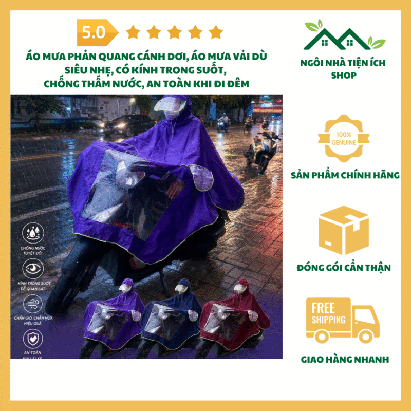 Áo Mưa Phản Quang Cánh Dơi Áo Mưa Vải Dù Siêu Nhẹ Có Kính Trong Suốt Chống Thấm Nước An Toàn Khi Đi Đêm