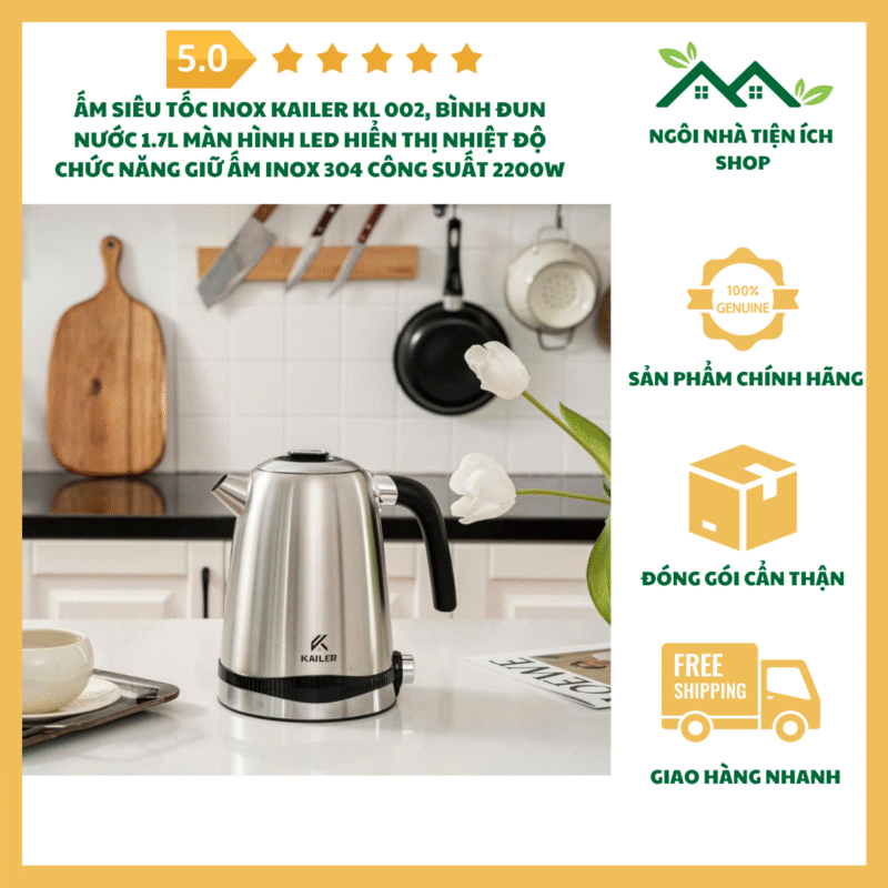 Ấm Siêu Tốc Inox Kailer KL 002 Màn Hình LED Hiển Thị Nhiệt Độ Dung Tích 1.7L Inox 304 Công Suất 2200W