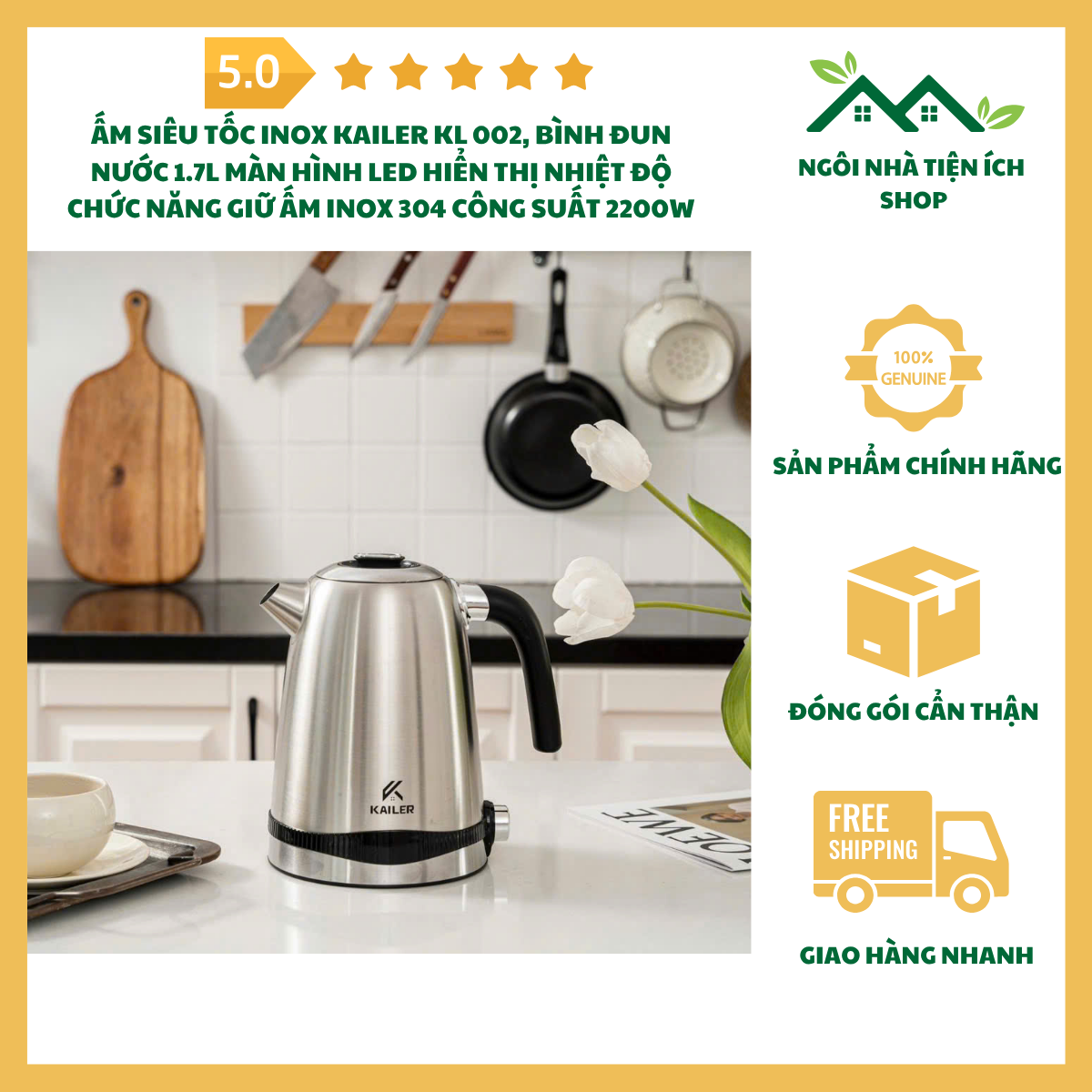 ngoinhatienich Ấm Siêu Tốc Inox Kailer KL 002 Màn Hình LED Hiển Thị Nhiệt Độ Dung Tích 1.7L Inox 304 Công Suất 2200W