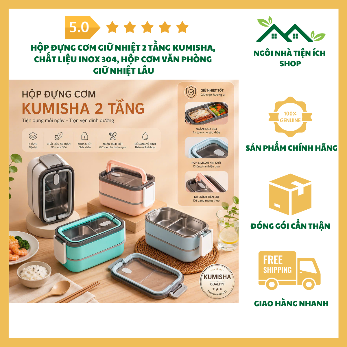 ngoinhatienich Hộp Đựng Cơm Giữ Nhiệt 2 Tầng Kumisha Chất Liệu Inox 304 Hộp Cơm Văn Phòng Giữ Nhiệt Lâu Có Thể Hâm Nóng Bằng Lò Vi Sóng