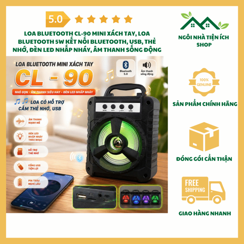 Loa Bluetooth CL-90 Mini Xách Tay Loa Bluetooth 5W Kết Nối Bluetooth USB Thẻ Nhớ Đèn LED Nhấp Nháy Âm Thanh Sống Động