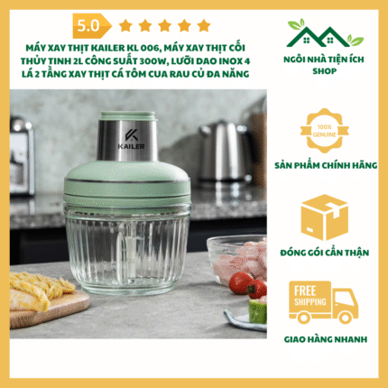 Máy Xay Thịt KAILER KL 006 Cối Thủy Tinh 2L Lưỡi Dao Inox 4 Lá 2 Tầng Công Suất 300W