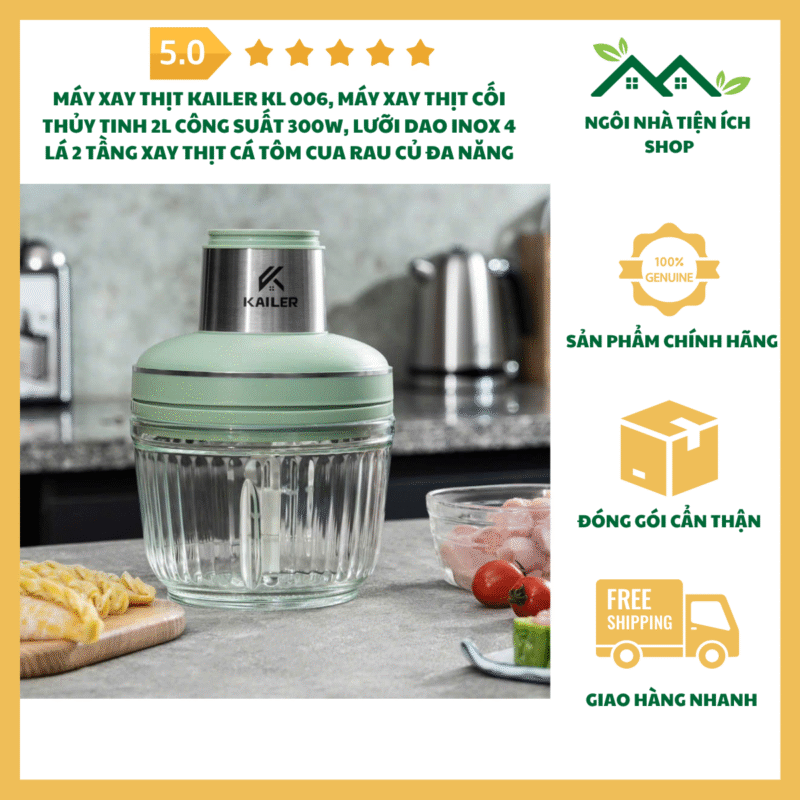Máy Xay Thịt KAILER KL 006 Cối Thủy Tinh 2L Lưỡi Dao Inox 4 Lá 2 Tầng Công Suất 300W