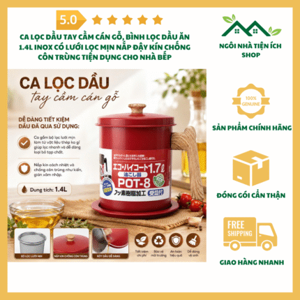 Ca Lọc Dầu Tay Cầm Cán Gỗ Dung Tích 1.4L Lưới Lọc Inox Mịn Nắp Đậy Kín Tiện Dụng Cho Nhà Bếp