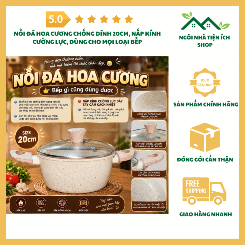 Nồi Đá Hoa Cương Chống Dính 20cm nắp kính cường lực dùng cho mọi loại bếp