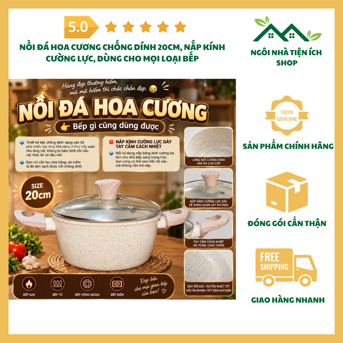 ngoinhatienich Nồi Đá Hoa Cương Chống Dính 20cm nắp kính cường lực dùng cho mọi loại bếp