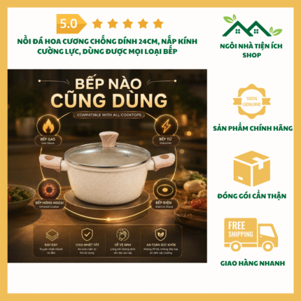 Nồi Đá Hoa Cương Chống Dính 24cm nắp kính cường lực dùng cho bếp từ, bếp gas và bếp hồng ngoại