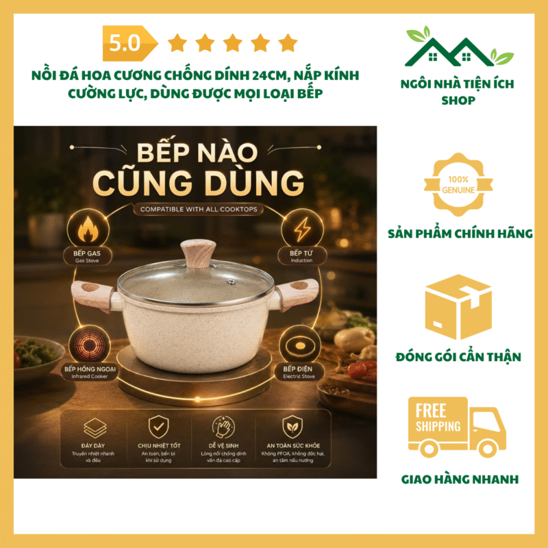 Nồi Đá Hoa Cương Chống Dính 24cm nắp kính cường lực dùng cho bếp từ, bếp gas và bếp hồng ngoại