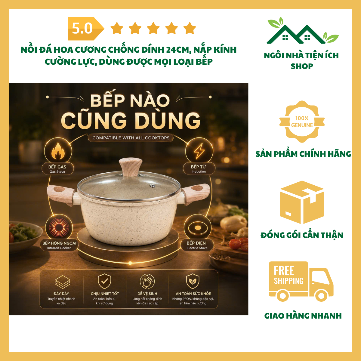 ngoinhatienich Nồi Đá Hoa Cương Chống Dính 24cm nắp kính cường lực dùng cho bếp từ, bếp gas và bếp hồng ngoại