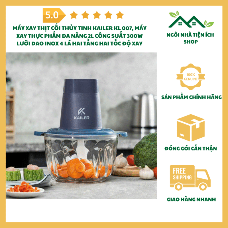 Máy Xay Thịt Cối Thủy Tinh KAILER KL 007 Dung Tích 2L Lưỡi Dao Inox 4 Lá Hai Tầng Động Cơ Lõi Đồng