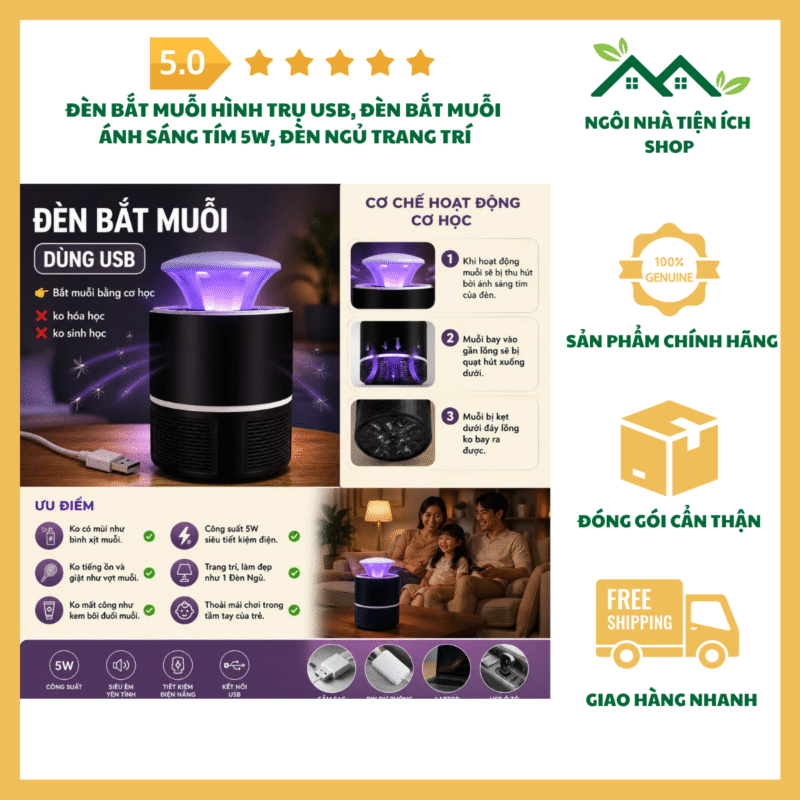Đèn Bắt Muỗi Hình Trụ USB ánh sáng tím công suất 5W dùng cho phòng ngủ và gia đình