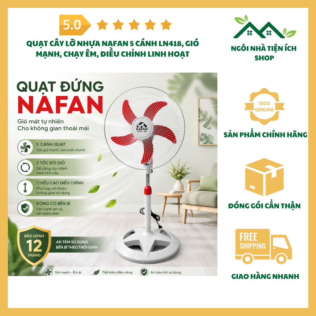 ngoinhatienich Quạt Cây Lỡ Nhựa Nafan 5 Cánh LN418 gió mạnh chạy êm dùng làm mát gia đình