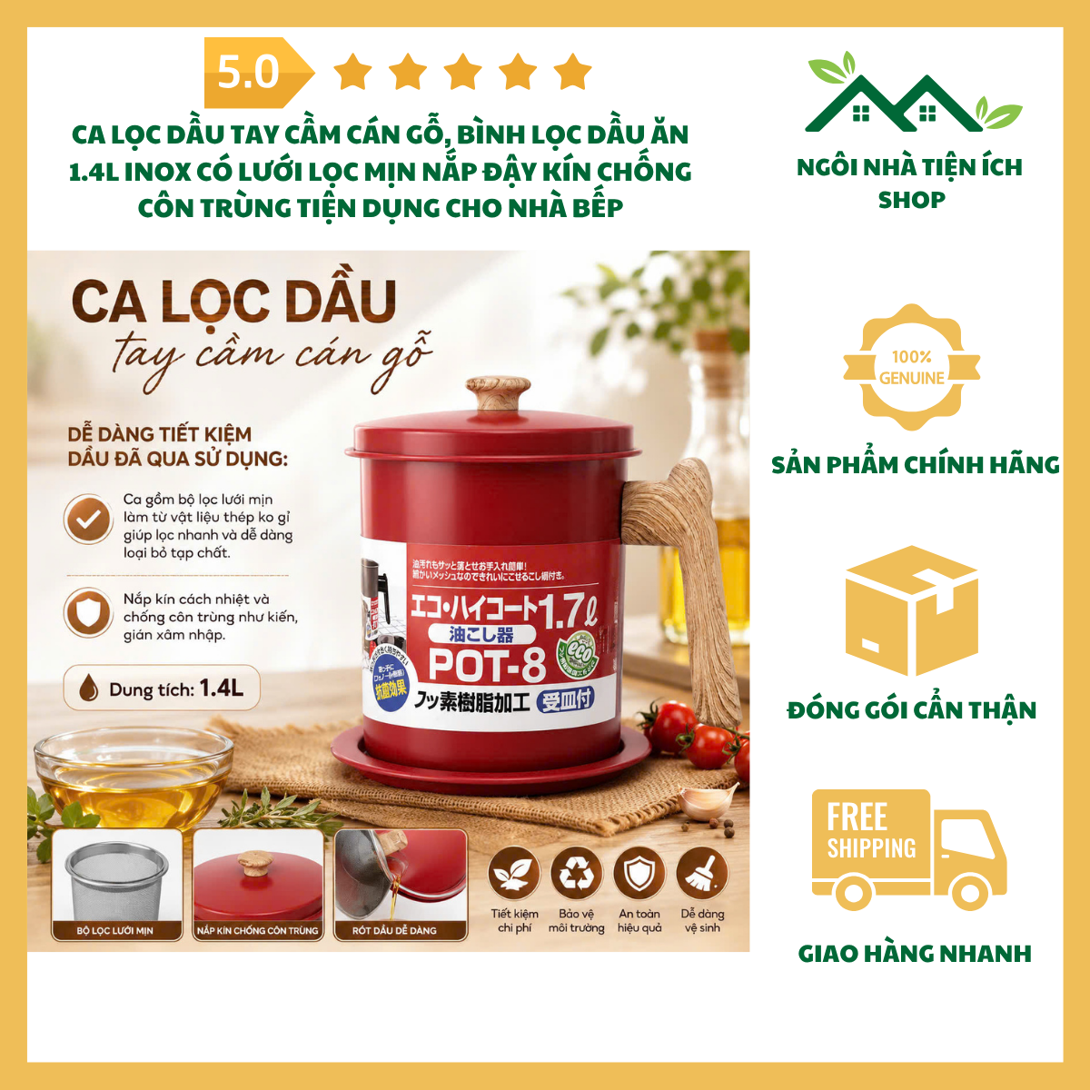 ngoinhatienich Ca Lọc Dầu Tay Cầm Cán Gỗ Dung Tích 1.4L Lưới Lọc Inox Mịn Nắp Đậy Kín Tiện Dụng Cho Nhà Bếp