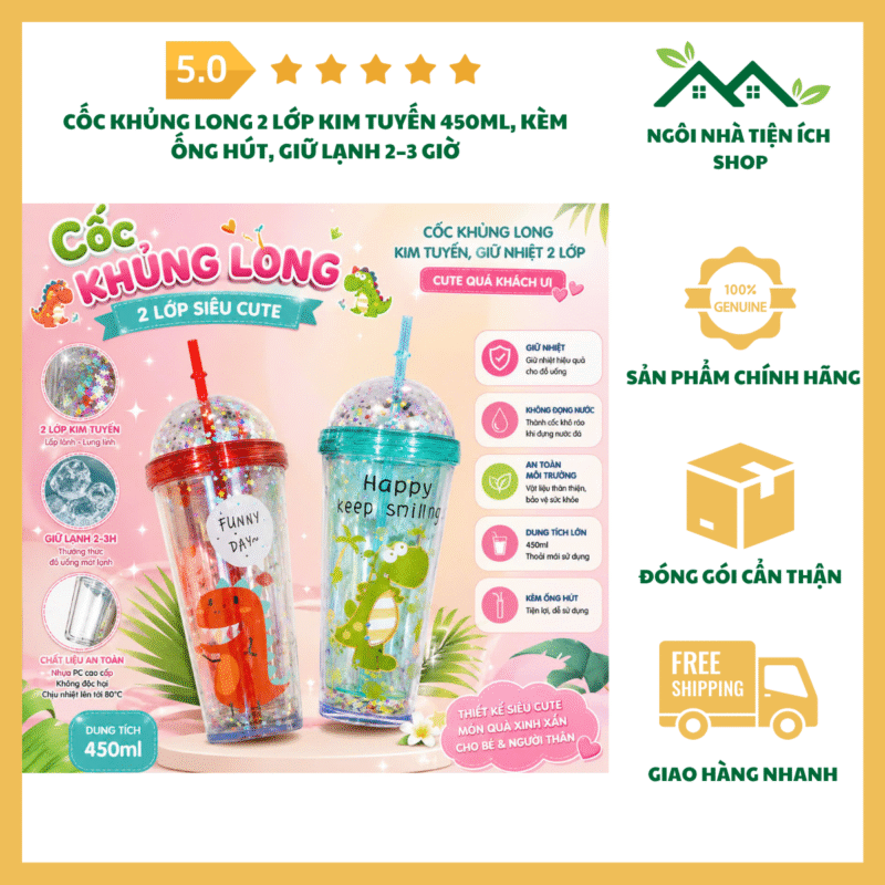 Cốc Khủng Long 2 Lớp Kim Tuyến 450ml kèm ống hút thiết kế dễ thương