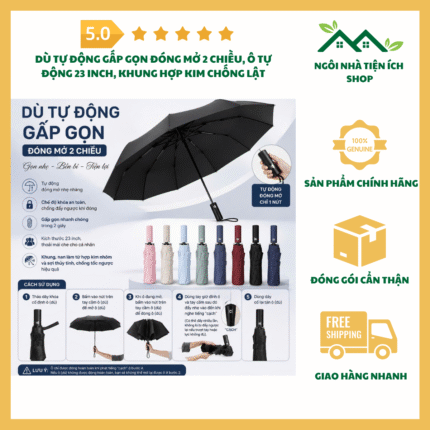 Dù Tự Động Gấp Gọn Đóng Mở 2 Chiều 23 inch khung hợp kim chống lật khi gặp gió
