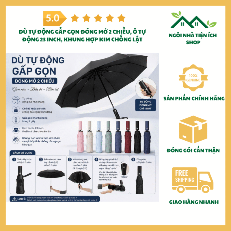 Dù Tự Động Gấp Gọn Đóng Mở 2 Chiều 23 inch khung hợp kim chống lật khi gặp gió