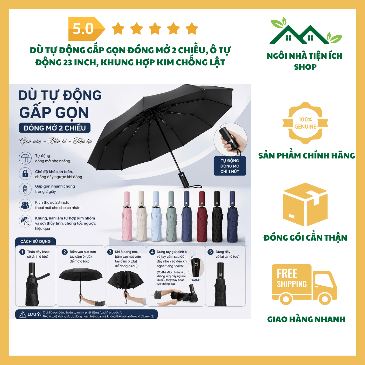 ngoinhatienich Dù Tự Động Gấp Gọn Đóng Mở 2 Chiều 23 inch khung hợp kim chống lật khi gặp gió