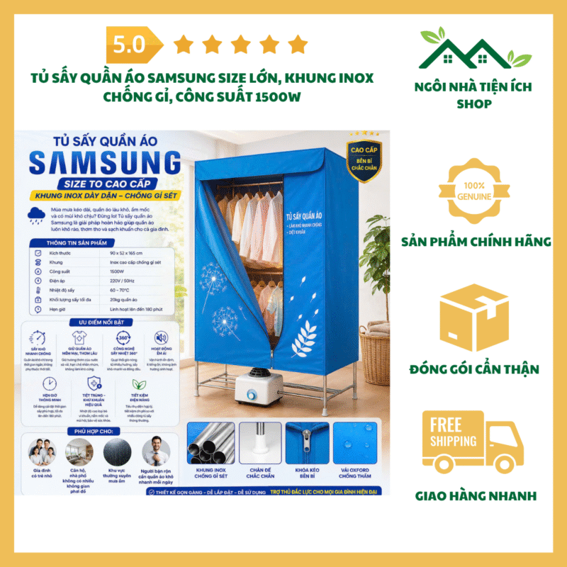 Tủ Sấy Quần Áo Samsung Size Lớn khung inox chống gỉ công suất 1500W cho gia đình