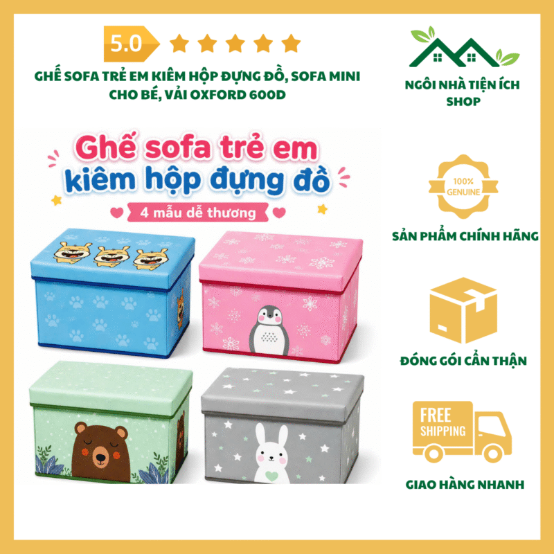 Ghế Sofa Trẻ Em Kiêm Hộp Đựng Đồ vải Oxford 600D họa tiết ngộ nghĩnh cho bé