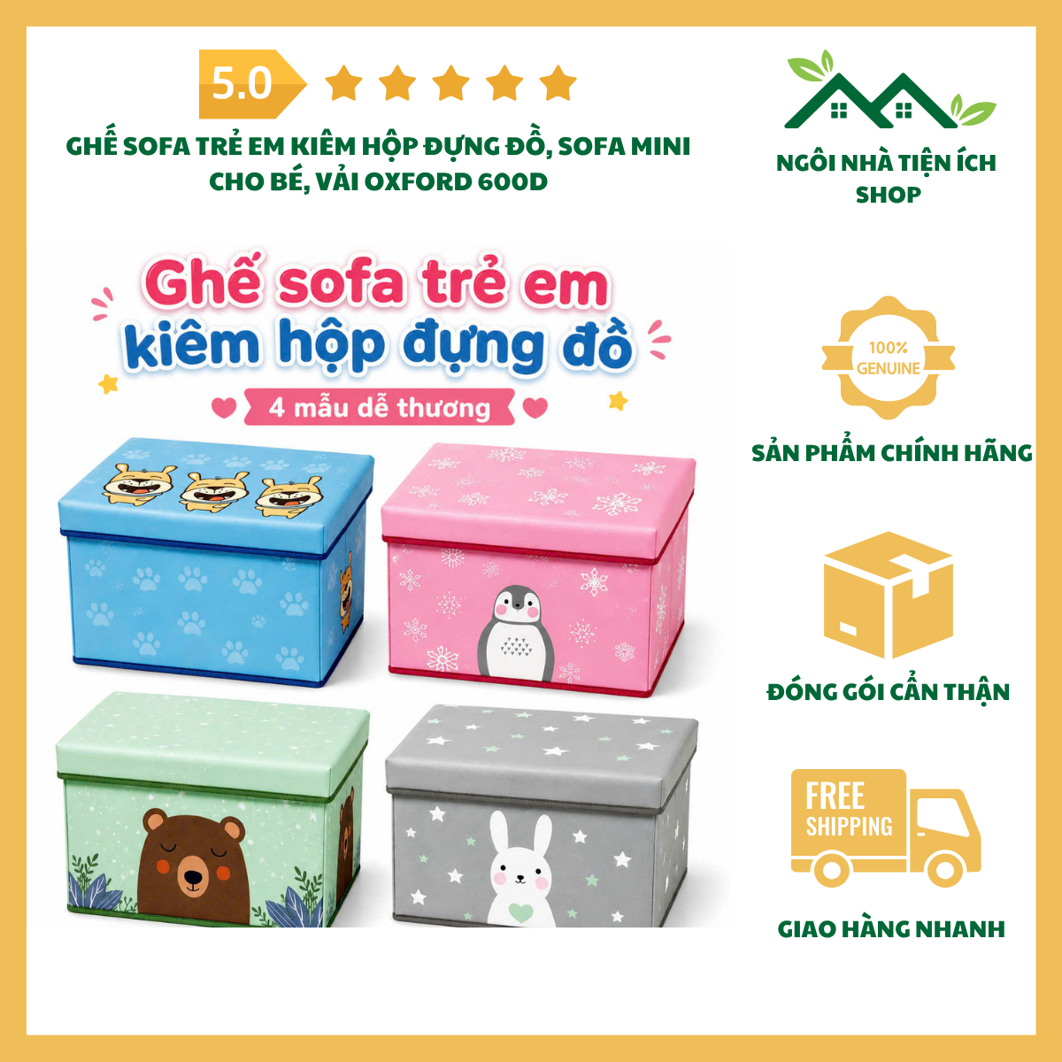 ngoinhatienich Ghế Sofa Trẻ Em Kiêm Hộp Đựng Đồ vải Oxford 600D họa tiết ngộ nghĩnh cho bé