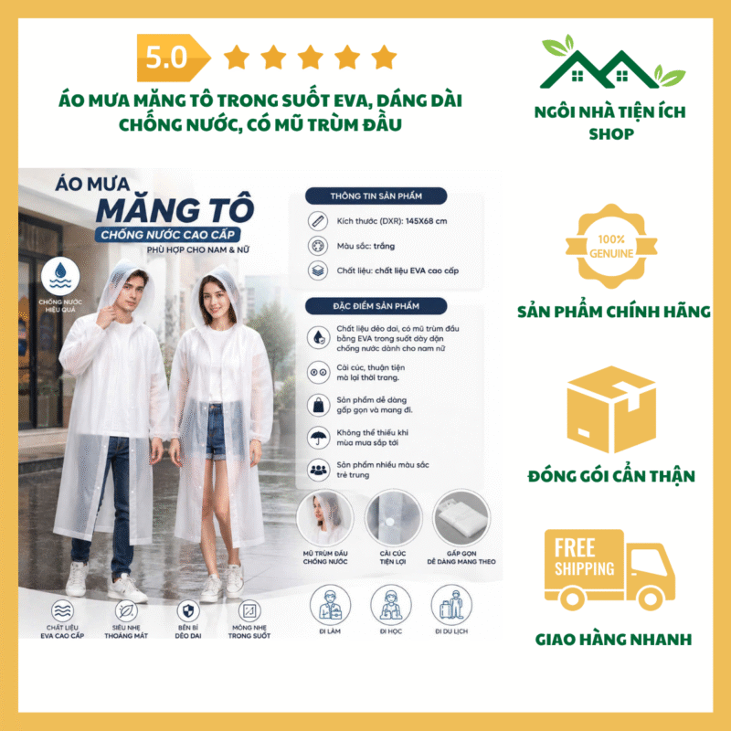 Áo Mưa Măng Tô Trong Suốt EVA dáng dài có mũ trùm đầu và thiết kế cài cúc