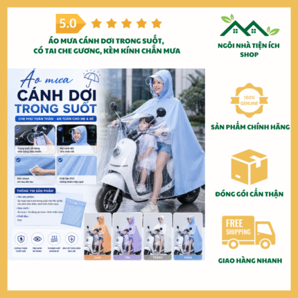 Áo Mưa Cánh Dơi Trong Suốt PVC có tai che gương kèm kính chắn mưa và túi đựng