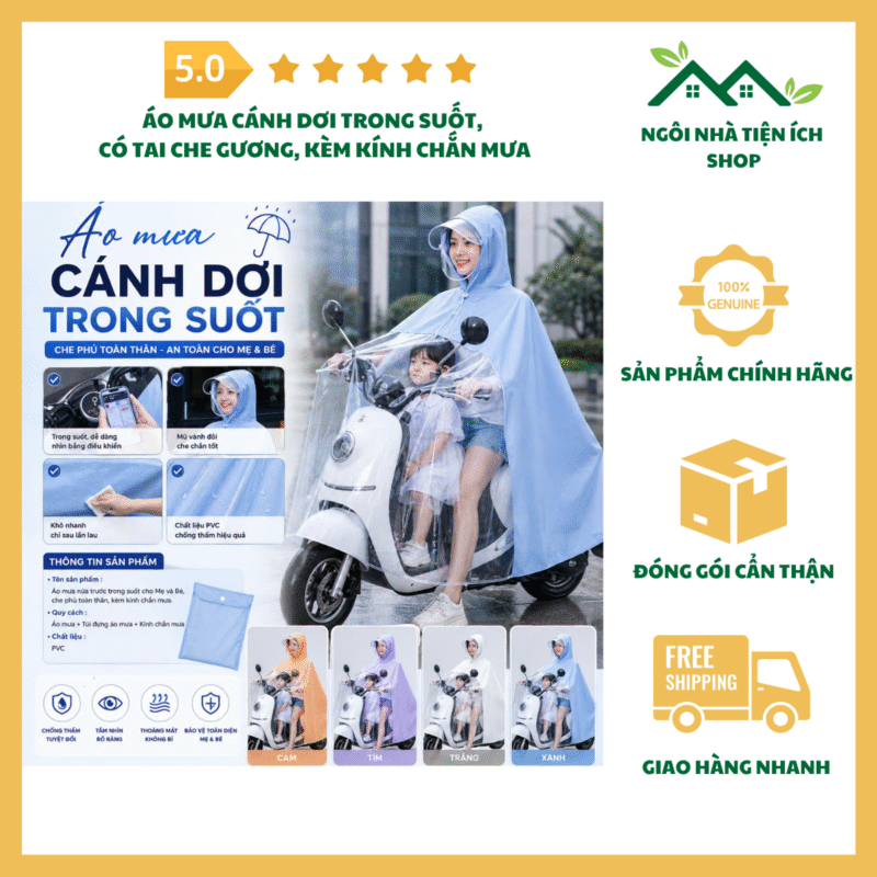Áo Mưa Cánh Dơi Trong Suốt PVC có tai che gương kèm kính chắn mưa và túi đựng
