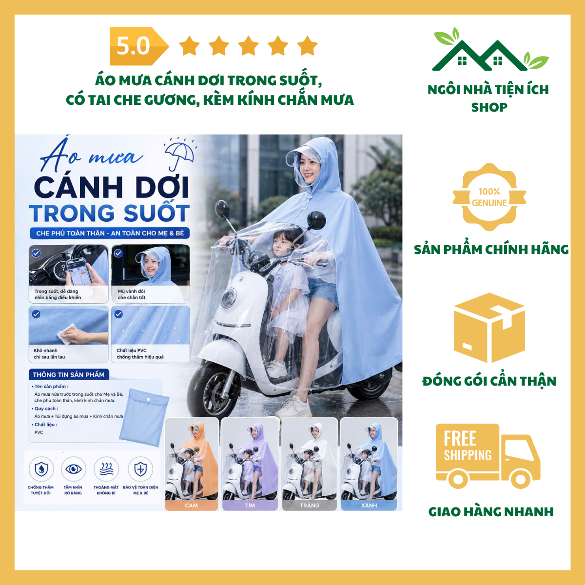 ngoinhatienich Áo Mưa Cánh Dơi Trong Suốt PVC có tai che gương kèm kính chắn mưa và túi đựng