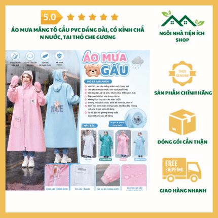 Áo Mưa Măng Tô Gấu PVC dáng dài có mũ kính chắn nước và tai thỏ che gương