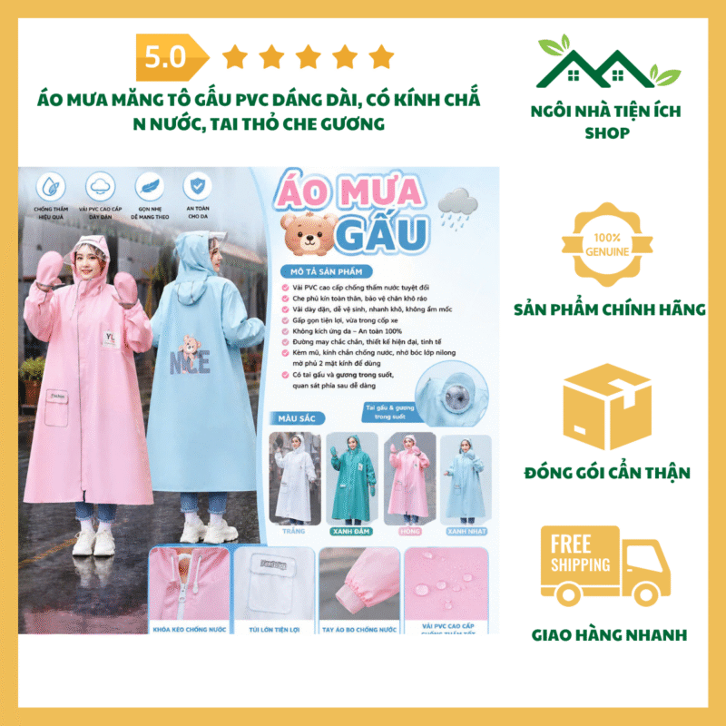 Áo Mưa Măng Tô Gấu PVC dáng dài có mũ kính chắn nước và tai thỏ che gương