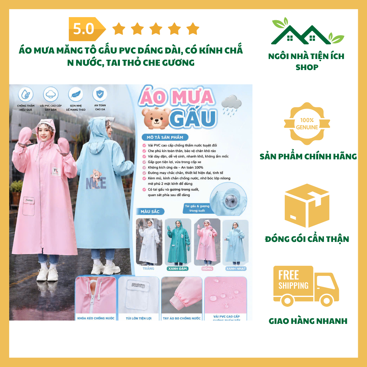 ngoinhatienich Áo Mưa Măng Tô Gấu PVC dáng dài có mũ kính chắn nước và tai thỏ che gương