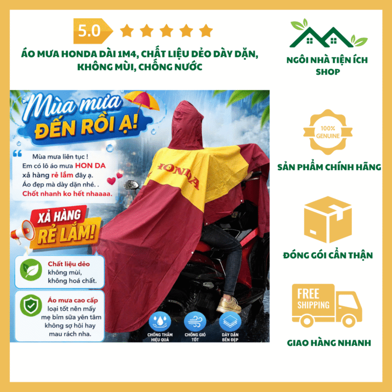 Áo Mưa Honda Dài 1m4 chất liệu dẻo dày dặn dùng khi đi xe máy trời mưa