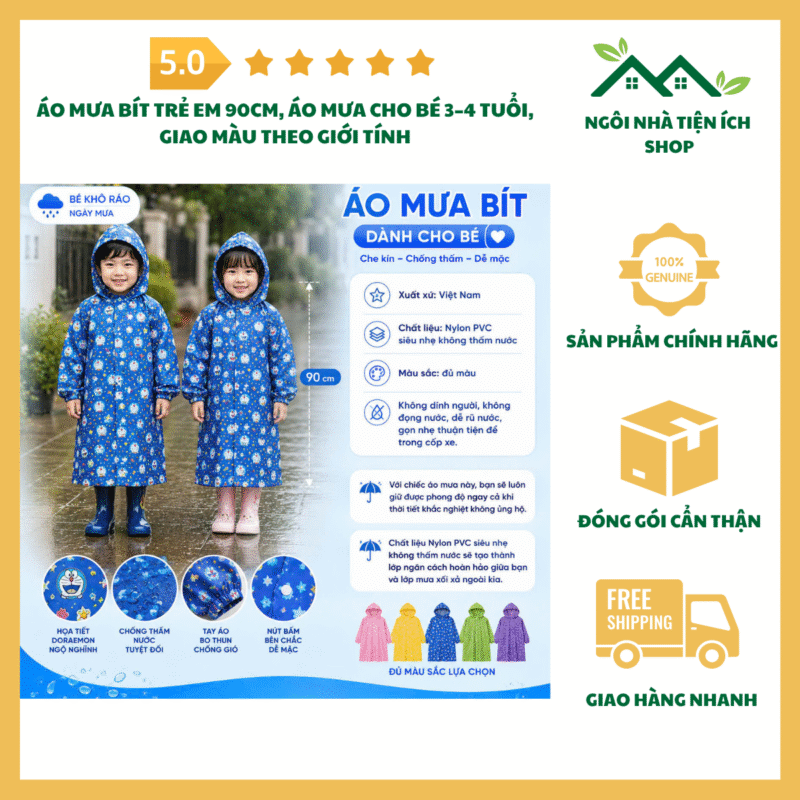 Áo Mưa Bít Trẻ Em 90cm cho bé 3–4 tuổi giao màu theo giới tính