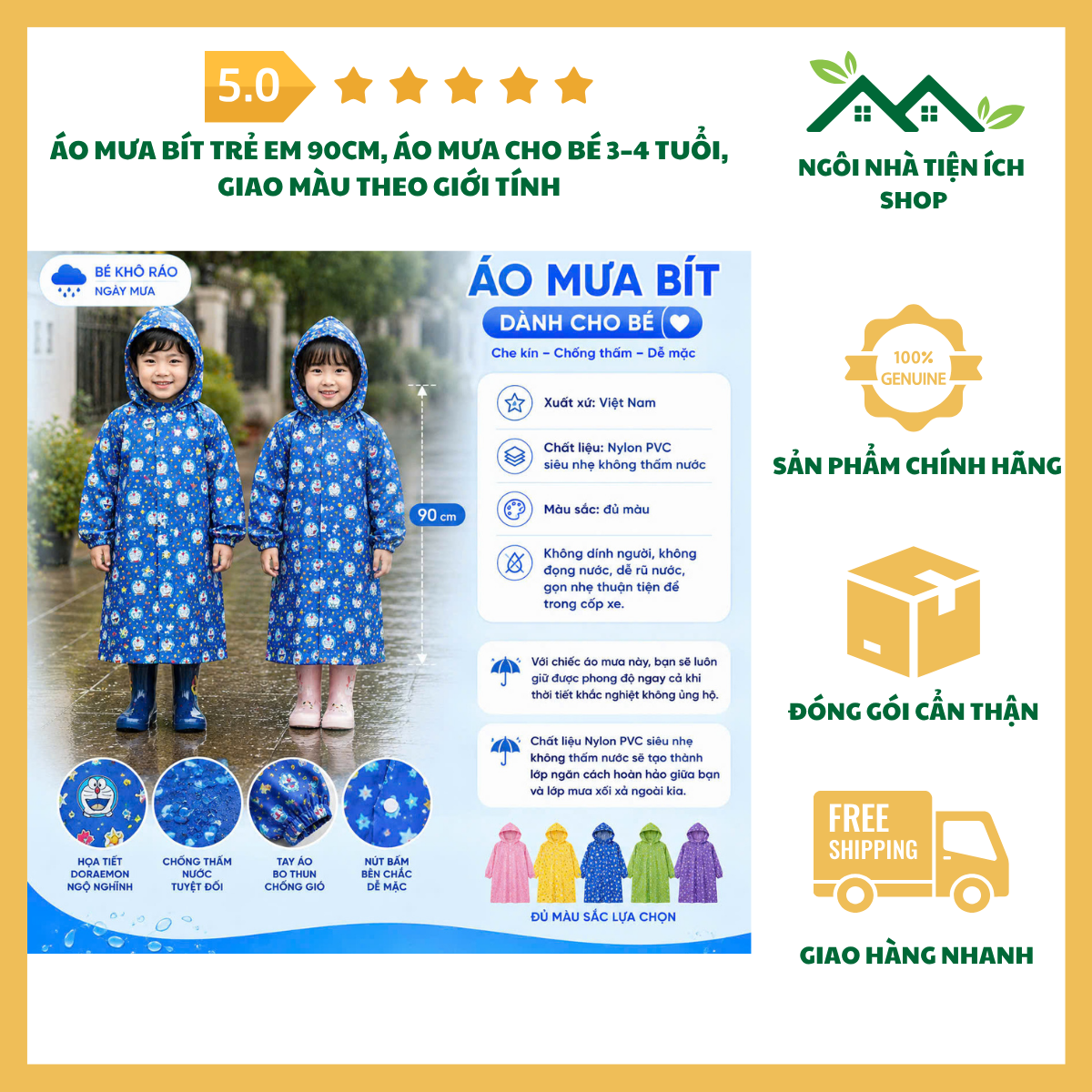ngoinhatienich Áo Mưa Bít Trẻ Em 90cm cho bé 3–4 tuổi giao màu theo giới tính