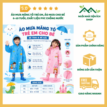 Áo Mưa Măng Tô Trẻ Em PVC cho bé 6–10 tuổi màu xanh hồng