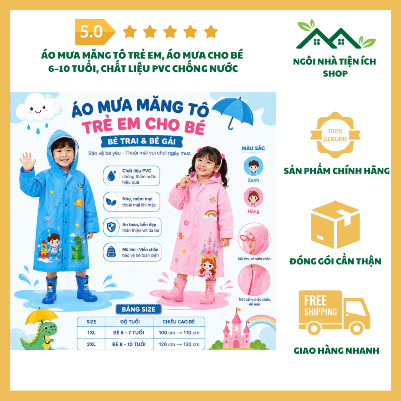Áo Mưa Măng Tô Trẻ Em PVC cho bé 6–10 tuổi màu xanh hồng