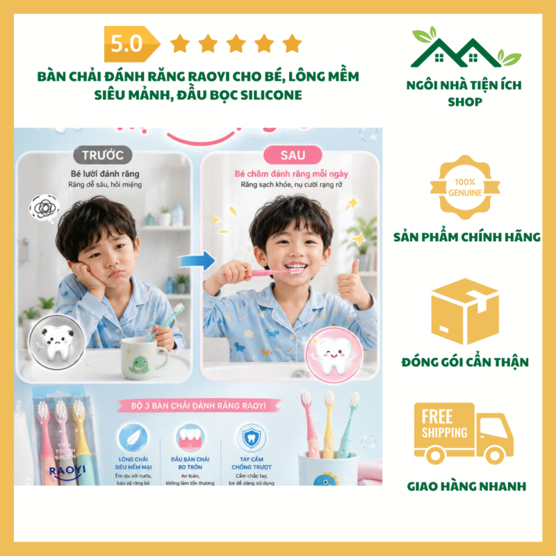 Bàn Chải Đánh Răng Raoyi Cho Bé lông mềm siêu mảnh với đầu bọc silicone