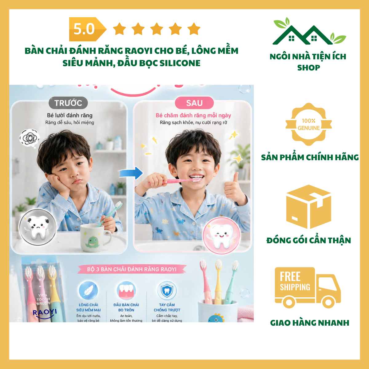ngoinhatienich Bàn Chải Đánh Răng Raoyi Cho Bé lông mềm siêu mảnh với đầu bọc silicone