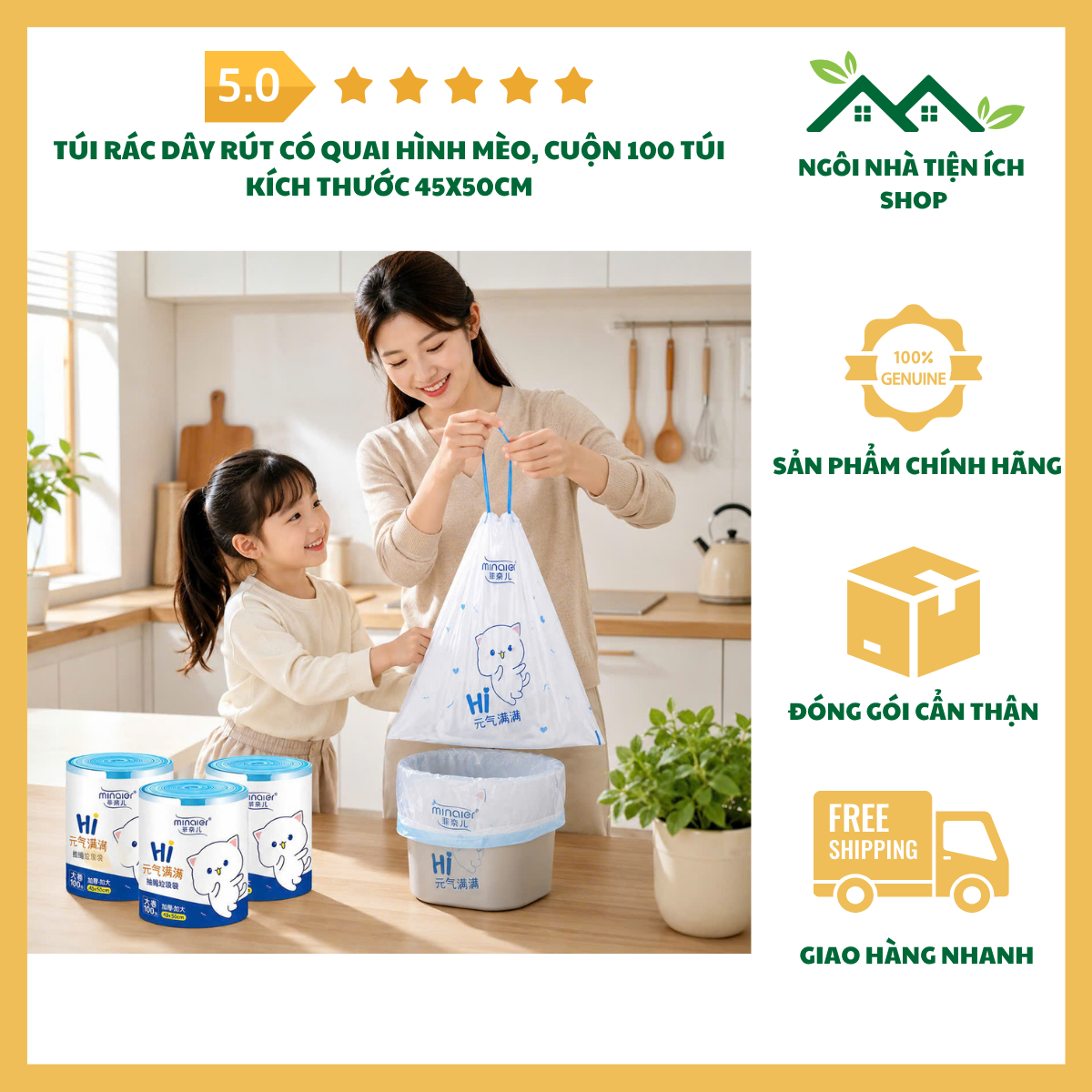 ngoinhatienich Túi Rác Dây Rút Có Quai Hình Mèo cuộn 100 túi kích thước 45x50cm