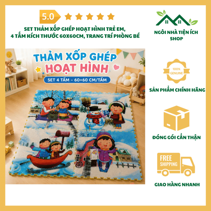 Set Thảm Xốp Ghép Hoạt Hình Trẻ Em gồm 4 tấm kích thước 60x60cm trang trí phòng bé