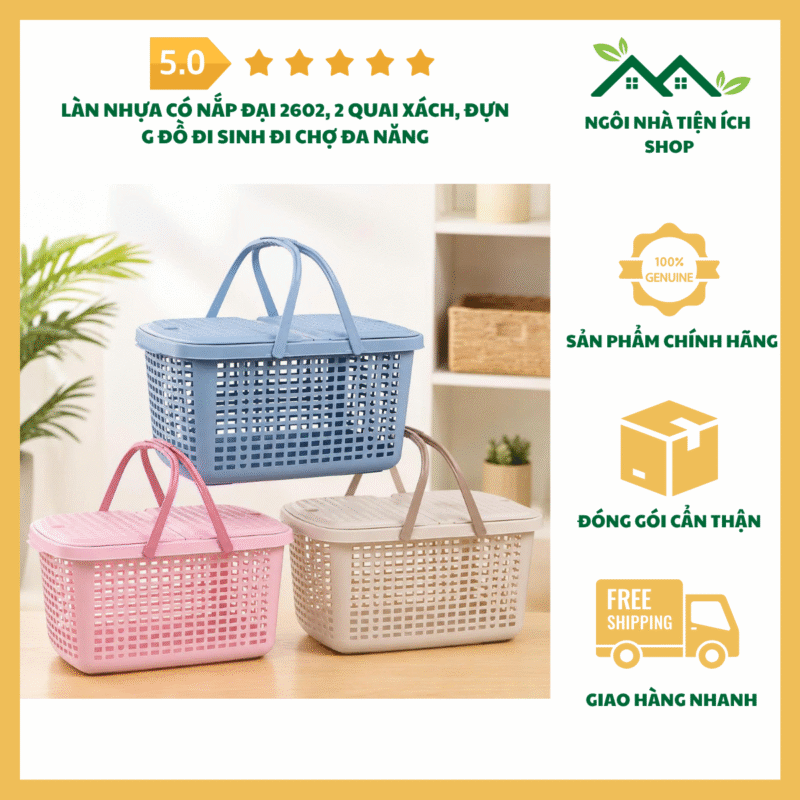 Làn Nhựa Có Nắp Đại 2 quai xách bằng nhựa PP dùng đựng đồ đi sinh và đồ gia đình