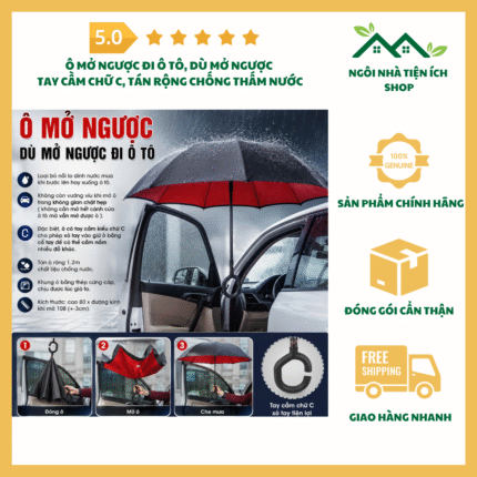 Ô Mở Ngược Đi Ô Tô tay cầm chữ C với tán rộng chống thấm nước
