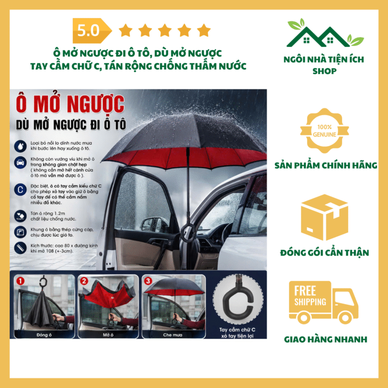 Ô Mở Ngược Đi Ô Tô tay cầm chữ C với tán rộng chống thấm nước