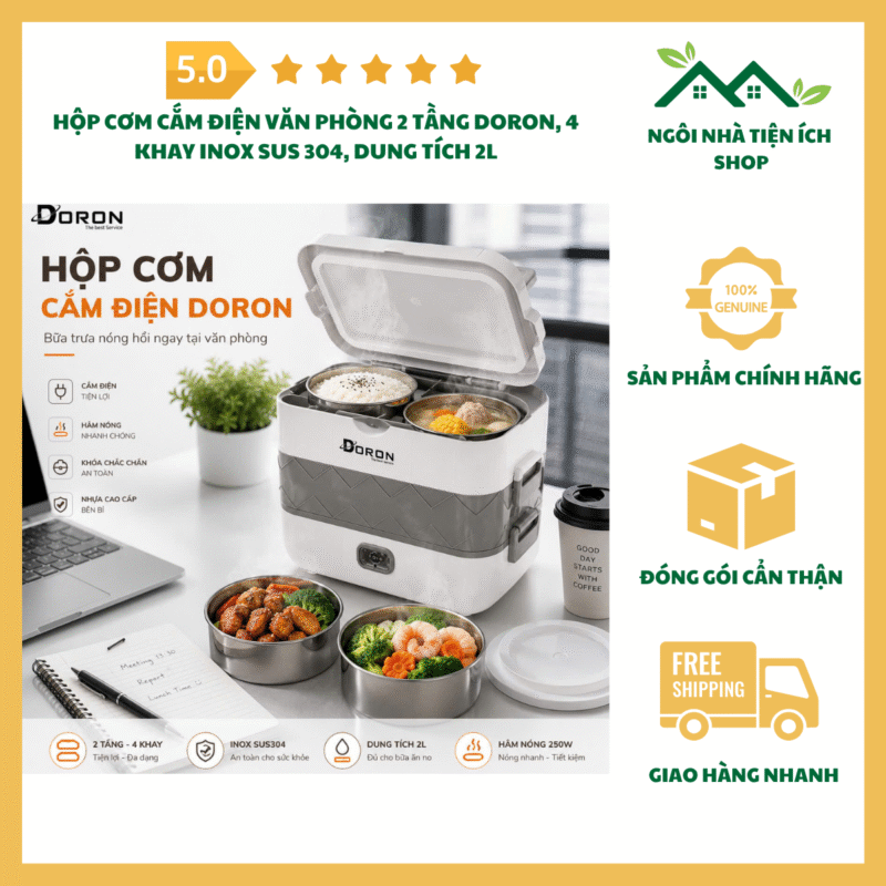 Hộp Cơm Cắm Điện Văn Phòng 2 Tầng Doron với 4 khay inox SUS 304 dung tích 2L