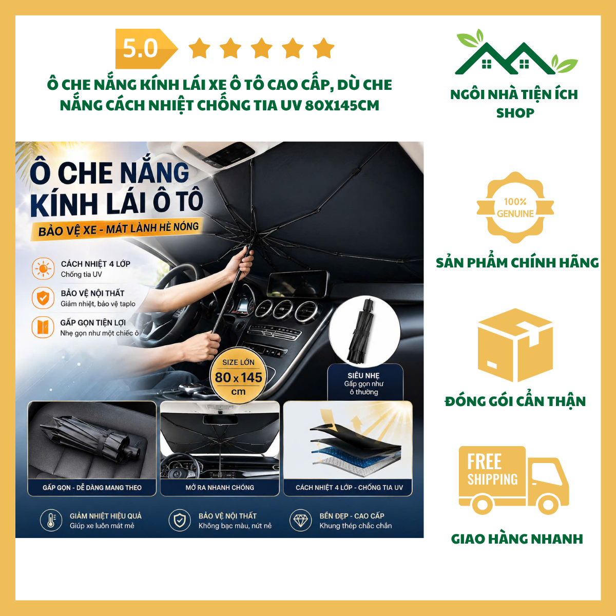 ngoinhatienich Ô Che Nắng Kính Lái Xe Ô Tô Cao Cấp 80x145cm gấp gọn chống tia UV bảo vệ nội thất xe