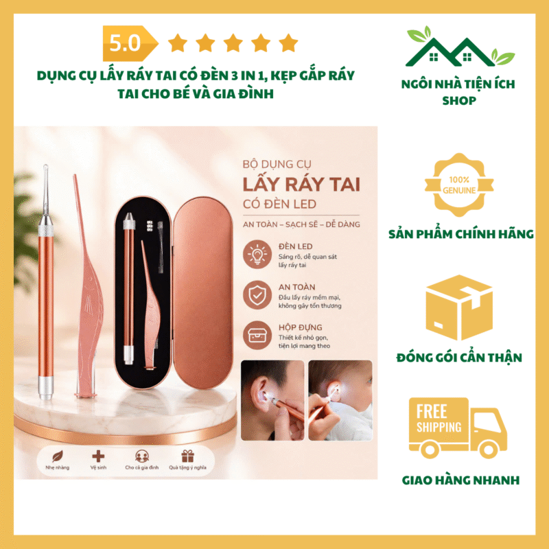Dụng Cụ Lấy Ráy Tai Có Đèn 3 In 1 kèm đầu lấy ráy và kẹp gắp cho bé