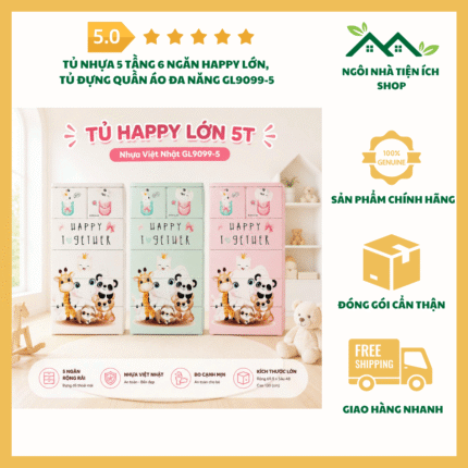 Tủ Nhựa 5 Tầng 6 Ngăn Happy Lớn đựng quần áo và đồ dùng gia đình có bánh xe