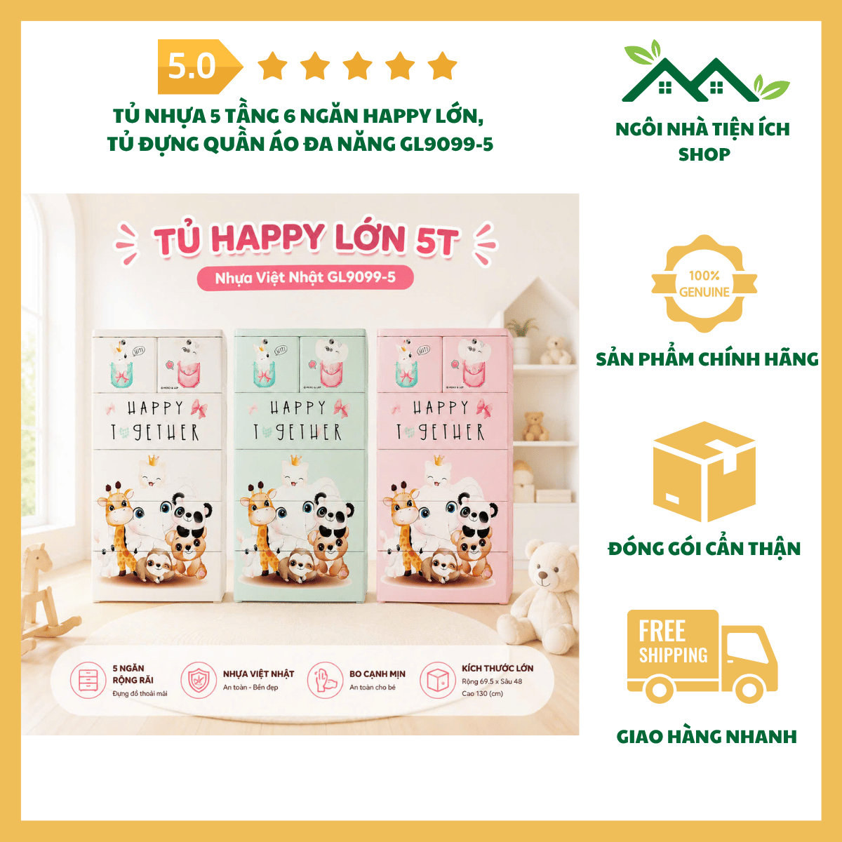 ngoinhatienich.com Tủ Nhựa 5 Tầng 6 Ngăn Happy Lớn đựng quần áo và đồ dùng gia đình có bánh xe
