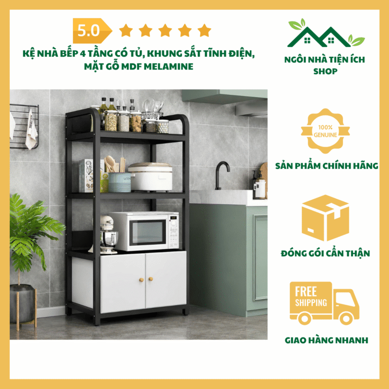 Kệ Nhà Bếp 4 Tầng Có Tủ khung sắt tĩnh điện mặt gỗ MDF phủ Melamine đa năng